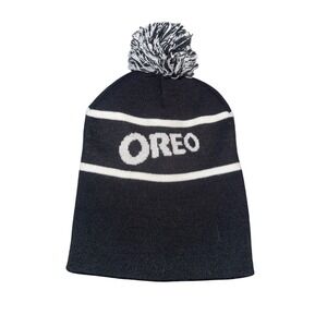 Oreo CultureFly Black White Striped Pom Pom Knit Beanie Hat One Size Cookies Y2K